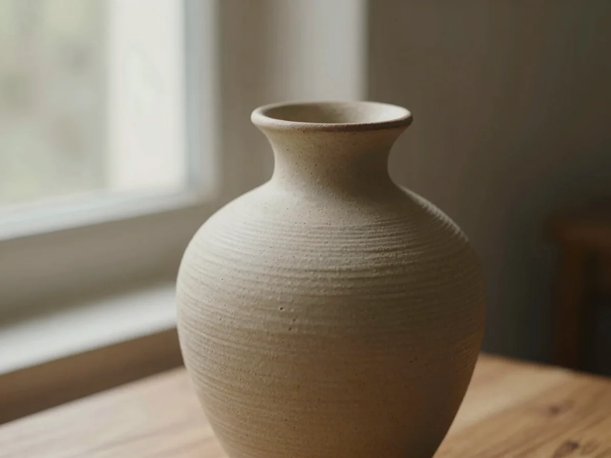 Close-up of a handcrafted ceramic vase, showing textured finish a