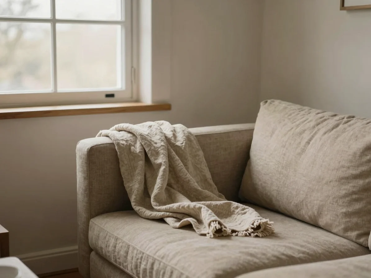 Styled vignette of a serene living space corner, natural linen th