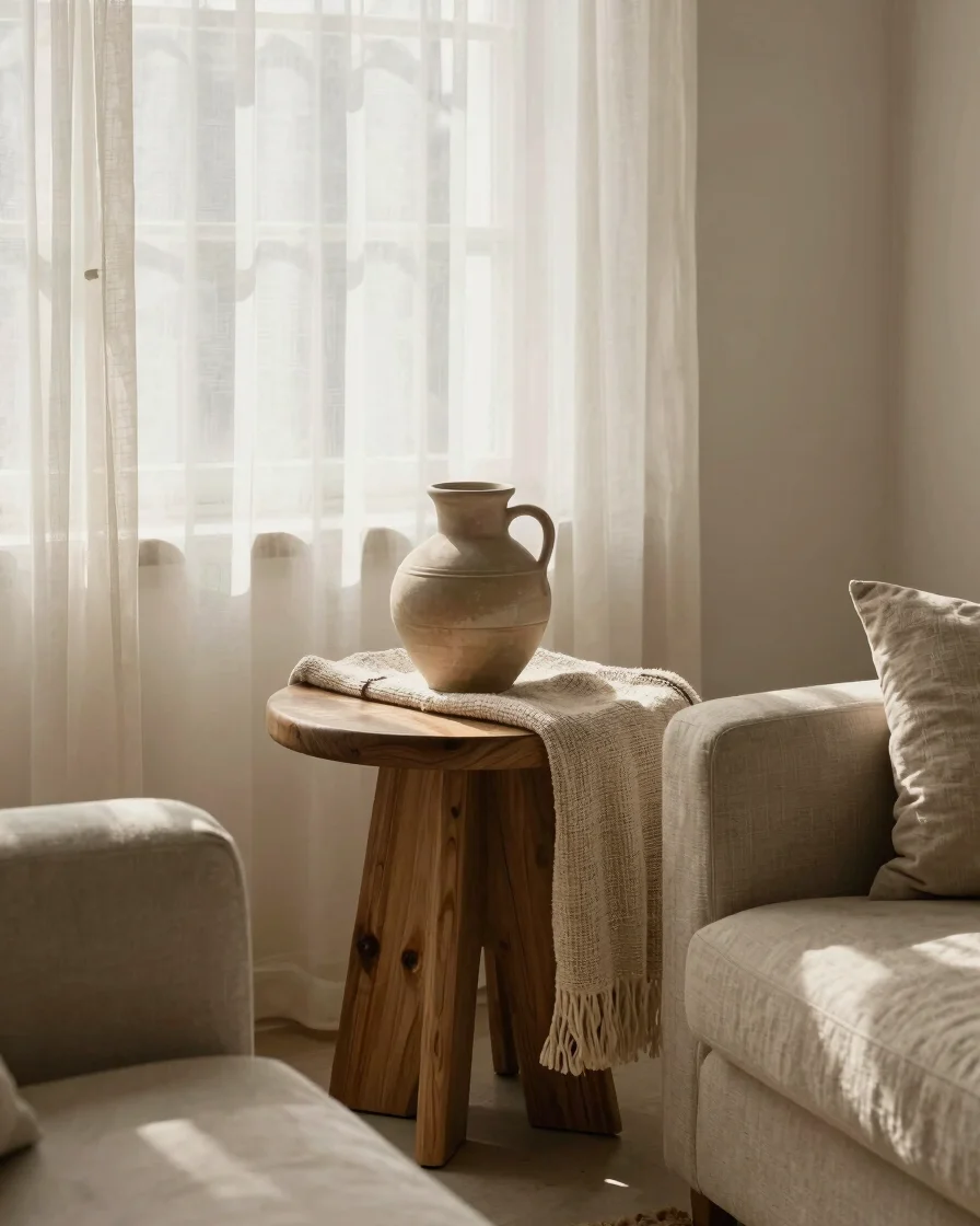 Sun-drenched living room corner with a natural timber side table, a woven linen throw, and handcrafted ceramic vase, sof